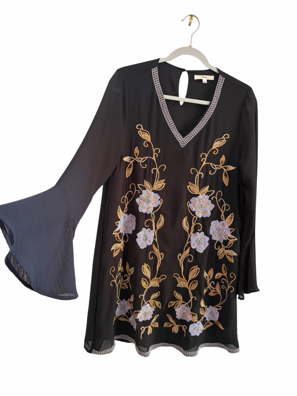 Andree Whimsigoth Boho Revival Embroidered Floral Black Tunic Dress Size Medium